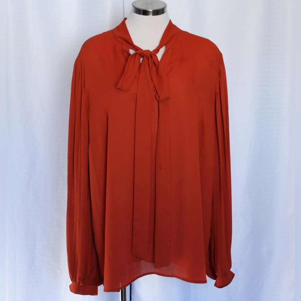 Joseph Ribkoff Size 18 / 1X Burnt Orange Tie Neck Tunic Pleated Sleeve Blouse